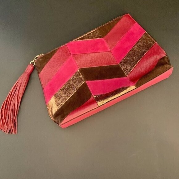 Sam Edelman Chevron Walker Suede Leather Boho Tribal Indie Clutch Bag - Picture 9 of 11